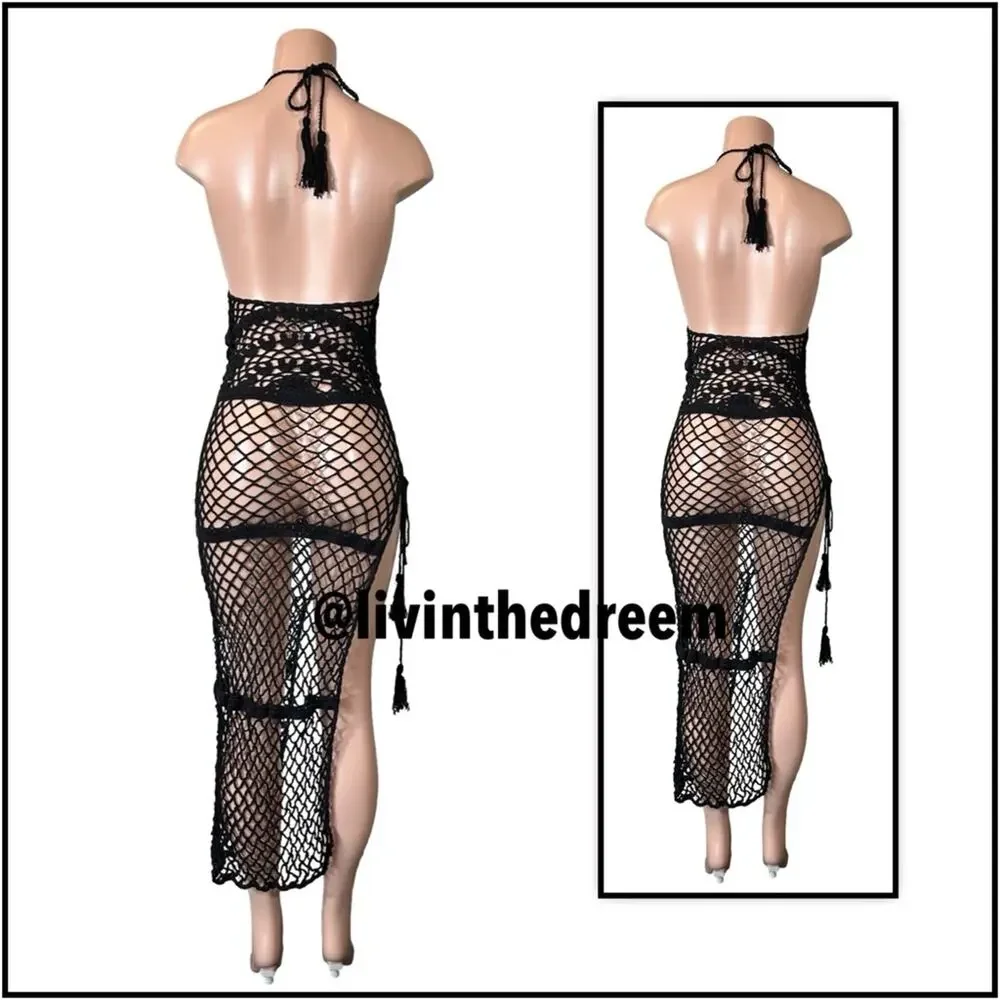 Frankies Bikinis Black Crochet Sunrise Cover Up Dress SZ L $250